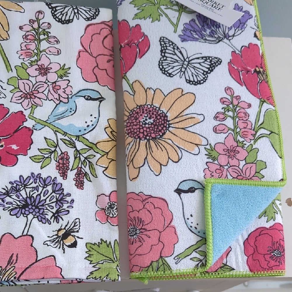 Market Square Floral Reversible Drying Mat with Matching Dish Towel NWT